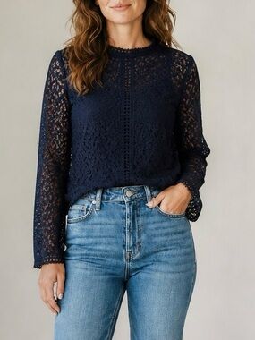 Gap Women's Navy Blue Long Sleeve Mock Neck Sheer Lace Blouse Fairy | Size large